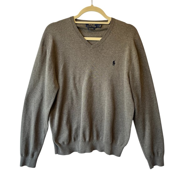 Polo Ralph Lauren Other - Polo Ralph Lauren jumper Sweater Large Gray V-neck Pima cotton Logo Mens FLAW